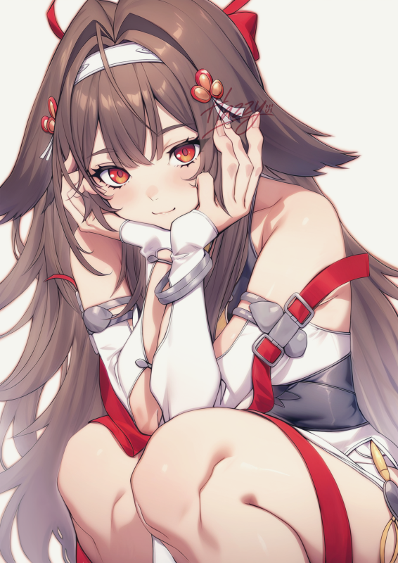 hazzyiii1108, ye shunguang, zenless zone zero, commentary request, 1girl, armlet, bangle, bracelet, brown hair, clothing cutout, clover hair ornament, droopy ears, hair ornament, hands on own cheeks, hands on own face, headband, jewelry, knees together feet apart, light smile, long hair, looking at viewer, red eyes, red ribbon, ribbon, spiked armlet, very long hair, white background