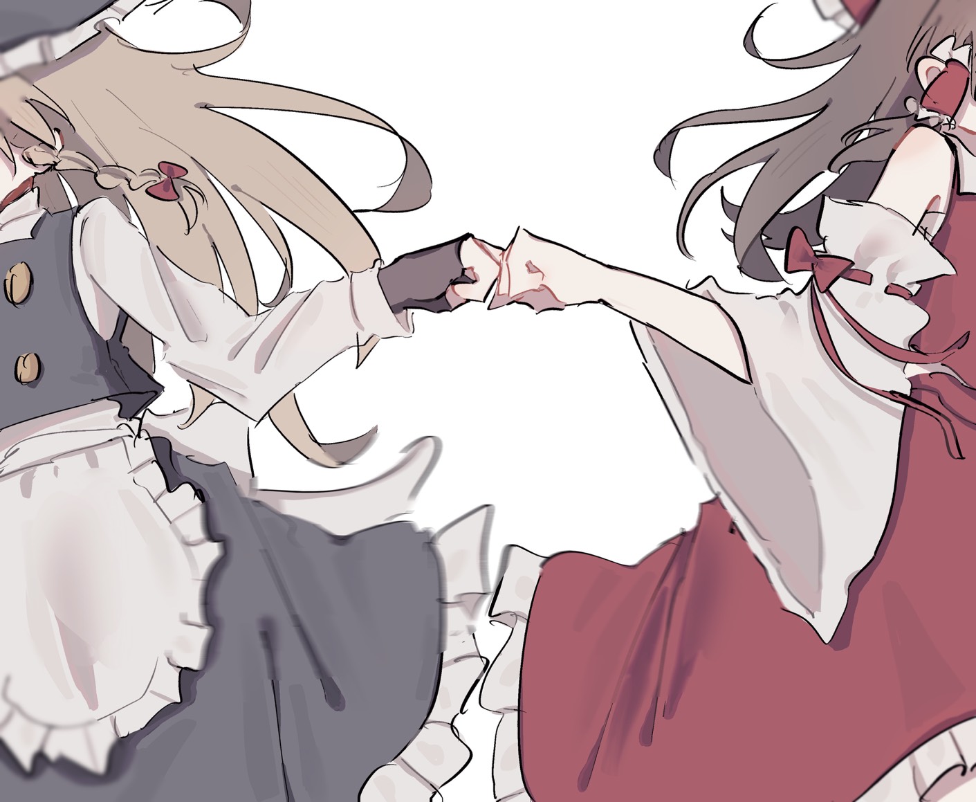 hakurei reimu, kirisame marisa, touhou, commentary, symbol-only commentary, 2girls, apron, black gloves, black skirt, black vest, blonde hair, bow, braid, brown hair, detached sleeves, fingerless gloves, fist bump, frilled bow, frilled hair tubes, frilled skirt, frills, gloves, hair bow, hair tubes, hat, long hair, long sleeves, maruten moko, multiple girls, red bow, red skirt, ribbon-trimmed sleeves, ribbon trim, side braid, single braid, skirt, skirt set, vest, waist apron, white apron