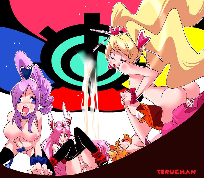 teruchan, aono miki, cure berry, cure passion, cure peach, cure pine, higashi setsuna, momozono love, yamabuki inori, fresh precure!, precure, 00s, 4girls, ass, blush, breasts, fingering, multiple girls, pussy, uncensored