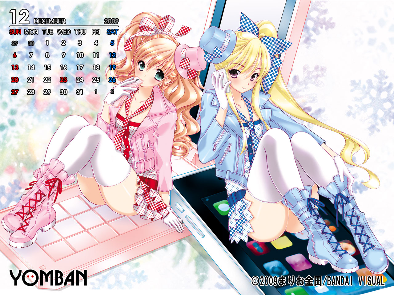 mario kaneda, original, yomban, 00s, 2009, 2girls, blonde hair, boots, bow, calendar, cellphone, december, dress, green eyes, hair bow, hair ribbon, hat, iphone, jacket, long hair, mini hat, mini top hat, multiple girls, phone, pink boots, pink eyes, ponytail, red hair, ribbon, smartphone, thighhighs, top hat, zettai ryouiki
