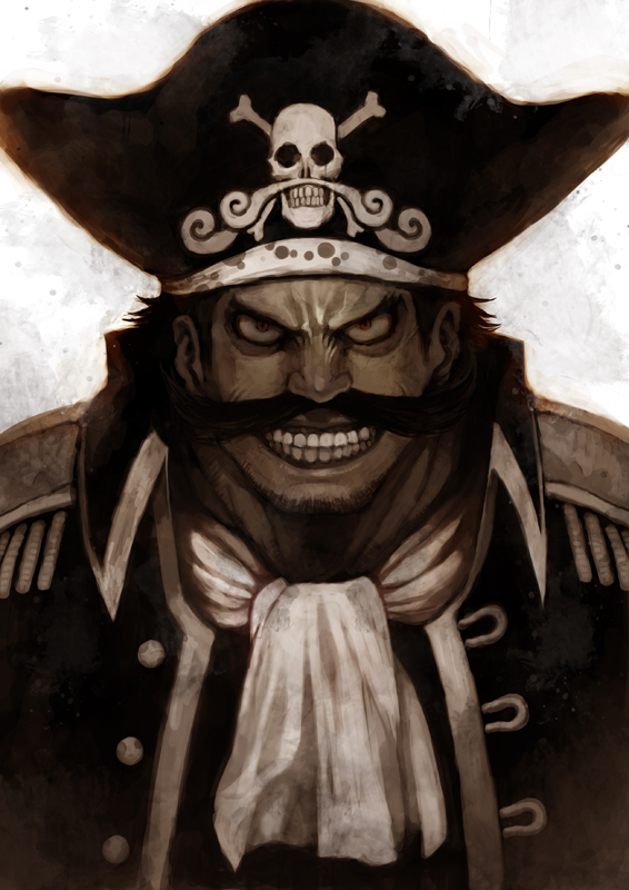 lack, gol d. roger, ohtsuka chikao, one piece, 1boy, ascot, epaulettes, facial hair, grin, hat, jacket, jolly roger, looking at viewer, male focus, manly, mustache, pirate, pirate hat, smile, solo, tricorne