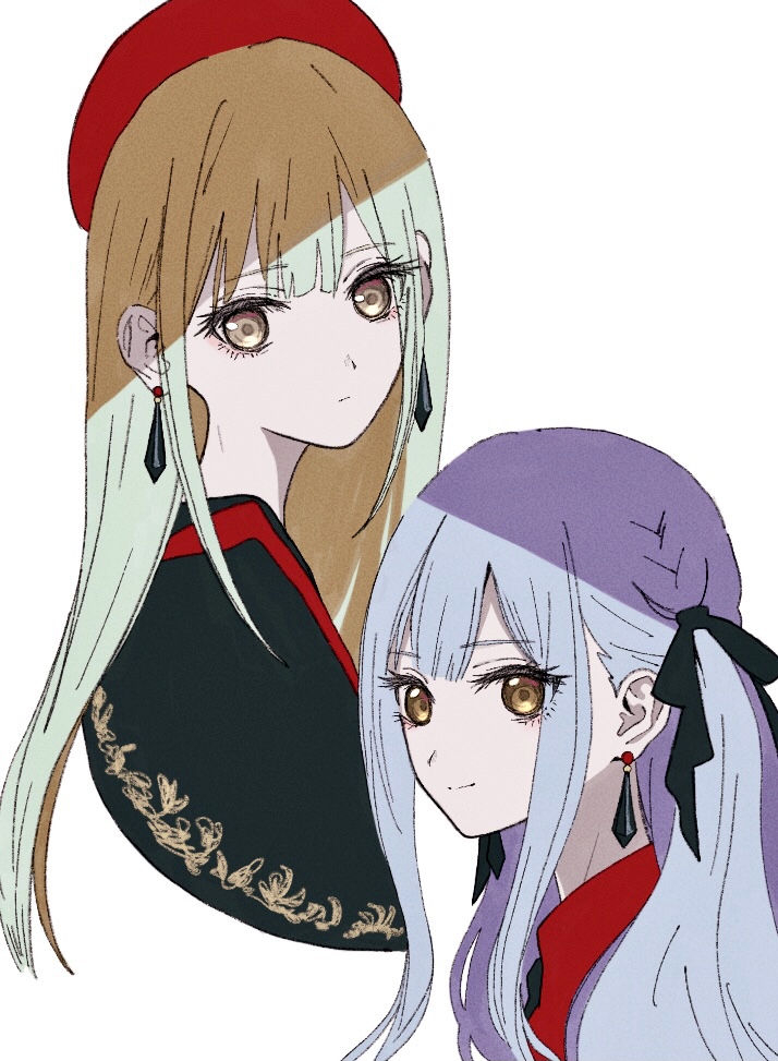 bloom into me15, mortis (bang dream!), mortis (costume) (bang dream!), oblivionis (bang dream!), togawa sakiko, wakaba mutsumi, bang dream!, bang dream! it's mygo!!!!!, commentary request, 2girls, beret, black ribbon, blue hair, brown eyes, earrings, green hair, hair ribbon, hat, jewelry, long hair, multiple girls, red hat, ribbon, shade, sidelocks, simple background, upper body, white background