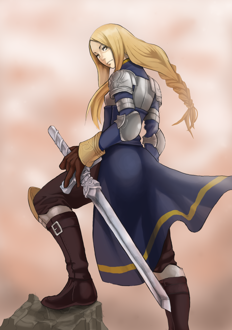 haniwa (pixiv257811), agrias oaks, final fantasy, final fantasy tactics, highres, 1girl, armor, blonde hair, boots, braid, female focus, gradient background, long hair, looking back, single braid, solo, sword, weapon, yellow eyes