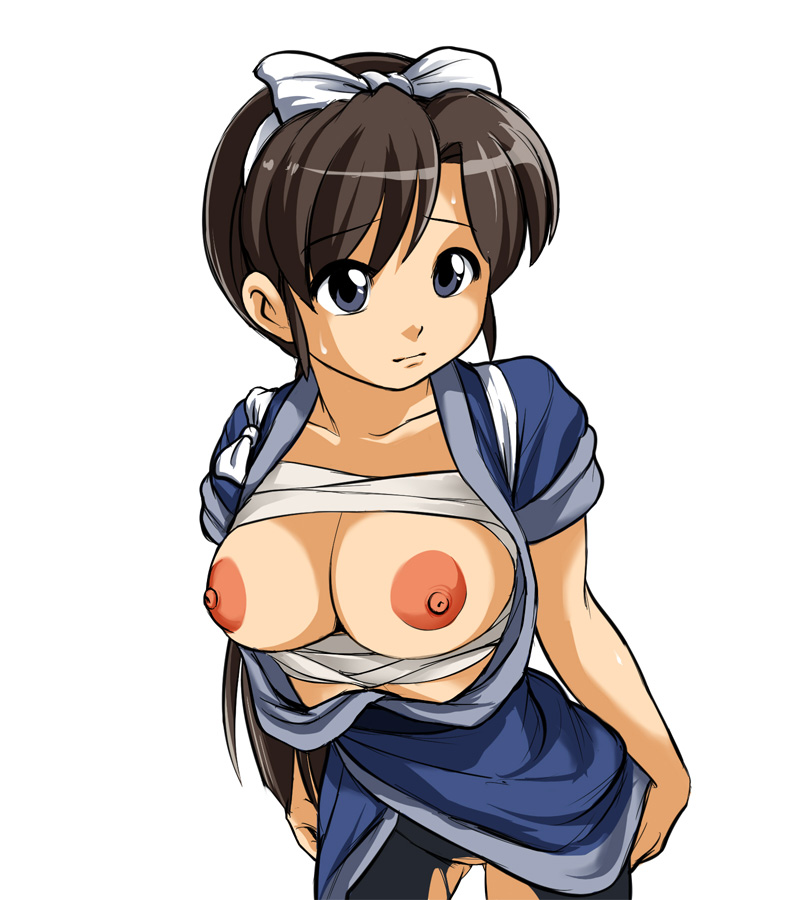 sandansu, kuonji ukyou, ranma 1/2, 1girl, bandages, blue eyes, bow, breasts, brown hair, female focus, japanese clothes, large breasts, nipples, open clothes, sarashi, solo, sweat