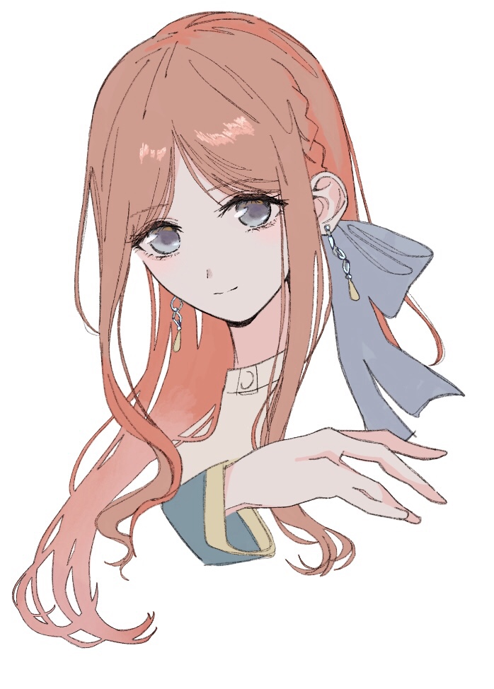 bloom into me15, nagasaki soyo, bang dream!, bang dream! it's mygo!!!!!, commentary request, 1girl, braid, brown hair, closed mouth, grey eyes, long hair, long sleeves, sidelocks, simple background, solo, upper body, white background