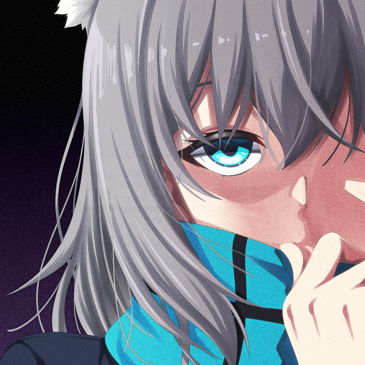 kouji (campus life), shiroko (blue archive), blue archive, commentary request, highres, 1girl, animal ear fluff, blue eyes, blue scarf, grey hair, hair between eyes, long hair, looking at viewer, scarf, scarf over mouth, shaded face, solo