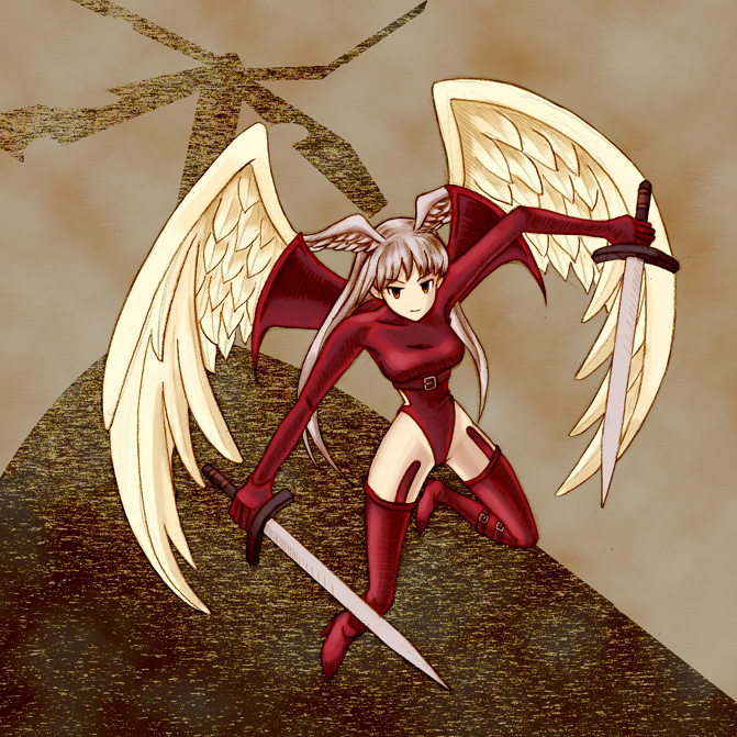 yuzuki ai, ultima (fft), final fantasy, final fantasy tactics, 1girl, angel wings, belt, boots, breasts, female focus, gloves, grey hair, head wings, leotard, long hair, orange eyes, red eyes, solo, sword, thigh boots, thighhighs, weapon, white hair, wings