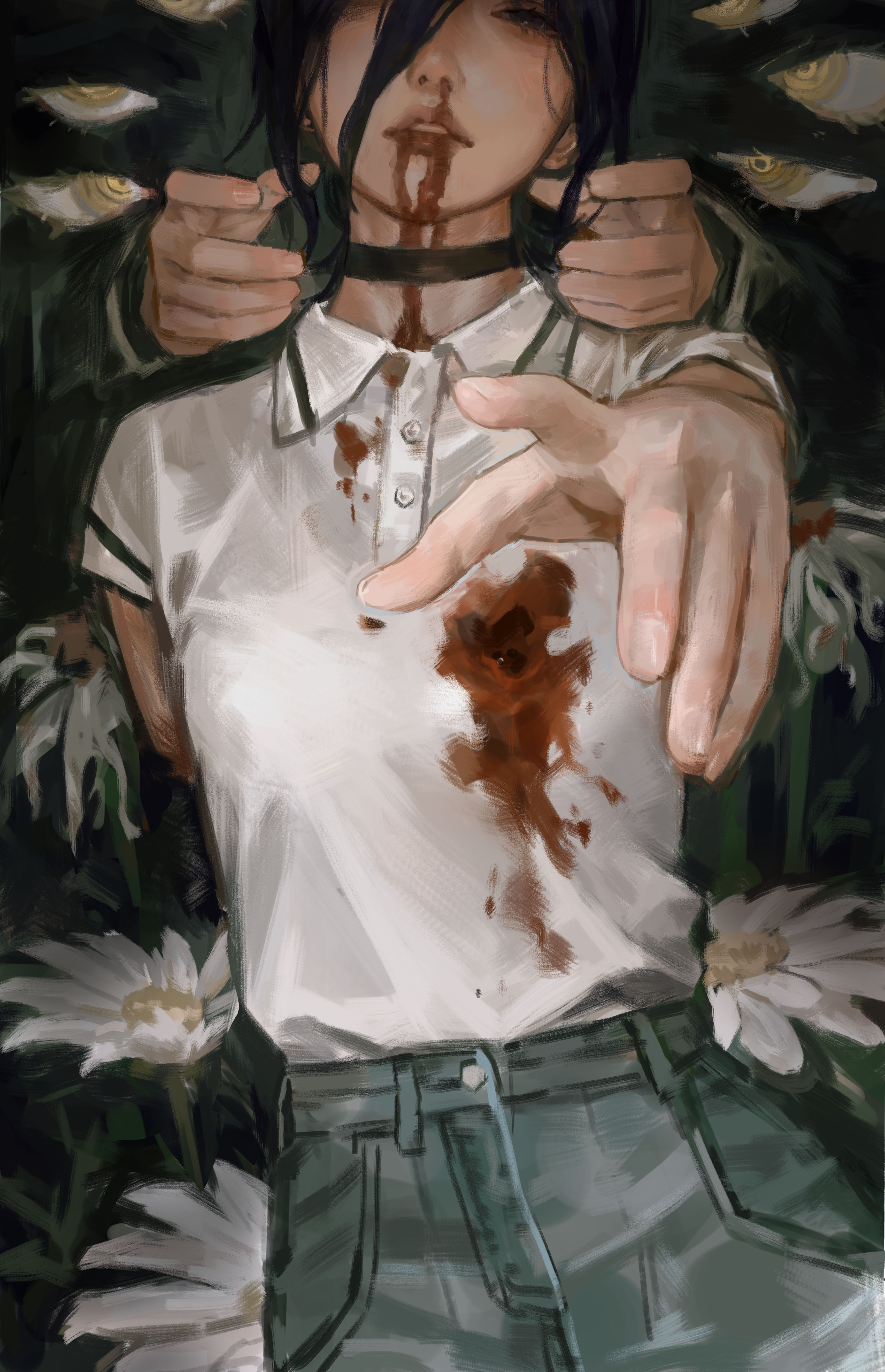 solipsist, bomb devil (chainsaw man), reze (chainsaw man), chainsaw man, absurdres, commentary request, highres, 1girl, 1other, black choker, blood, blood from mouth, blood on clothes, choker, flower, hair between eyes, injury, long hair between eyes, nosebleed, shirt, solo focus, white shirt