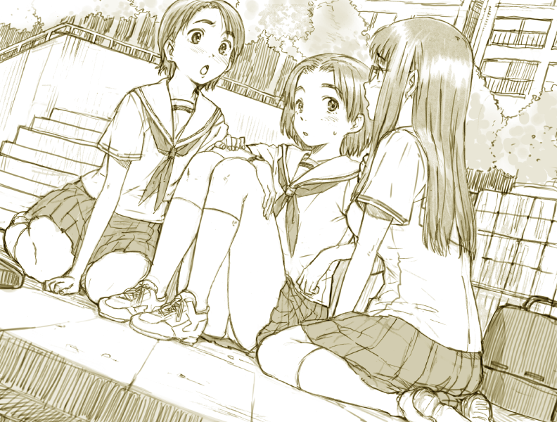 muramurakimi, blush, glasses, kneeling, legs, long hair, monochrome, panties, pantyshot, school uniform, short hair, sitting, sketch, skirt, socks, underwear, yellow theme