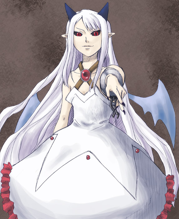 nekohachi, pram (phantom kingdom), disgaea, nippon ichi, phantom kingdom, bad id, bad pixiv id, bat wings, black sclera, colored sclera, cuffs, horns, shackles, white hair, wings