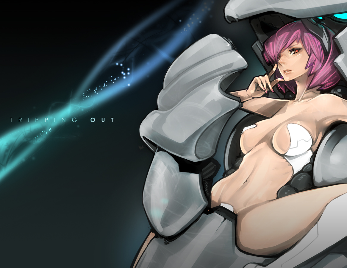 hitowa, 1girl, armpits, breasts, cockpit, female focus, large breasts, legs, maebari, pasties, pink hair, red eyes, short hair, solo, spread legs
