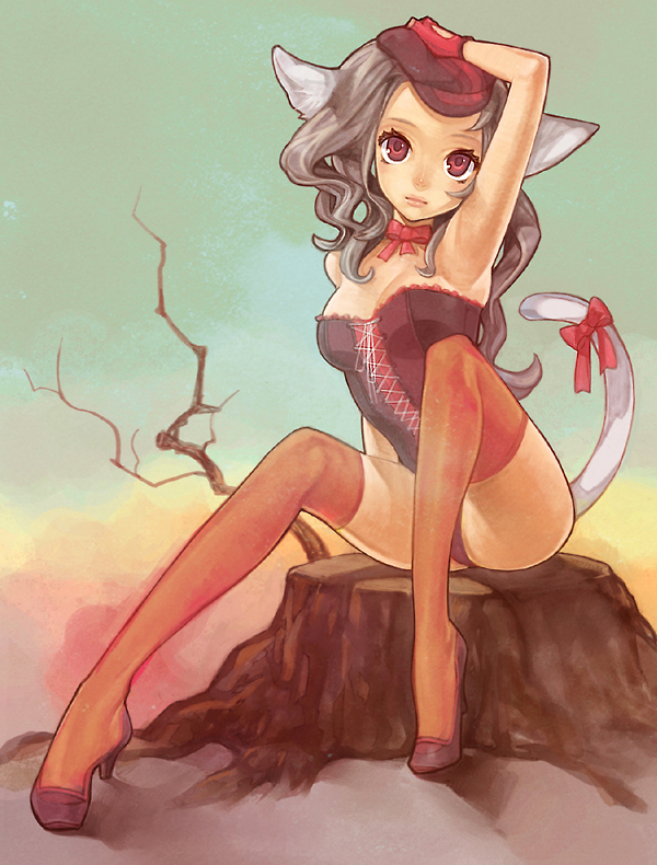 hitowa, original, silver hair, 1girl, animal ears, armpits, breasts, cleavage, corset, female focus, fingerless gloves, gloves, hat, legs, lips, long hair, red eyes, ribbon, sitting, solo, tail, tail ornament, tail ribbon, thighhighs