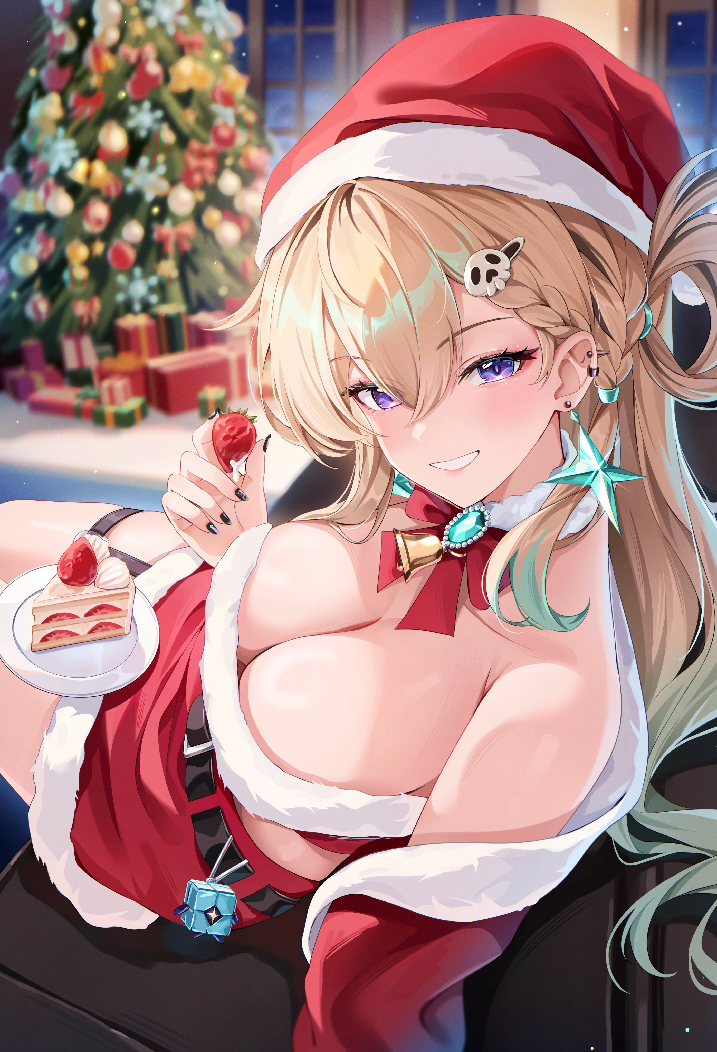 aida noa, lynae (wuthering waves), wuthering waves, absurdres, commentary request, highres, 1girl, alternate costume, bare shoulders, blonde hair, blurry, blurry background, braid, braided bangs, breasts, cake, cake slice, christmas tree, cleavage, earrings, food, from above, fruit, hair between eyes, hair ornament, hat, holding, holding food, holding fruit, indoors, jewelry, light blush, long hair, looking at viewer, looking to the side, looking up, medium breasts, parted lips, purple eyes, red skirt, santa hat, skirt, skull hair ornament, smile, solo, star (symbol), star earrings, strawberry