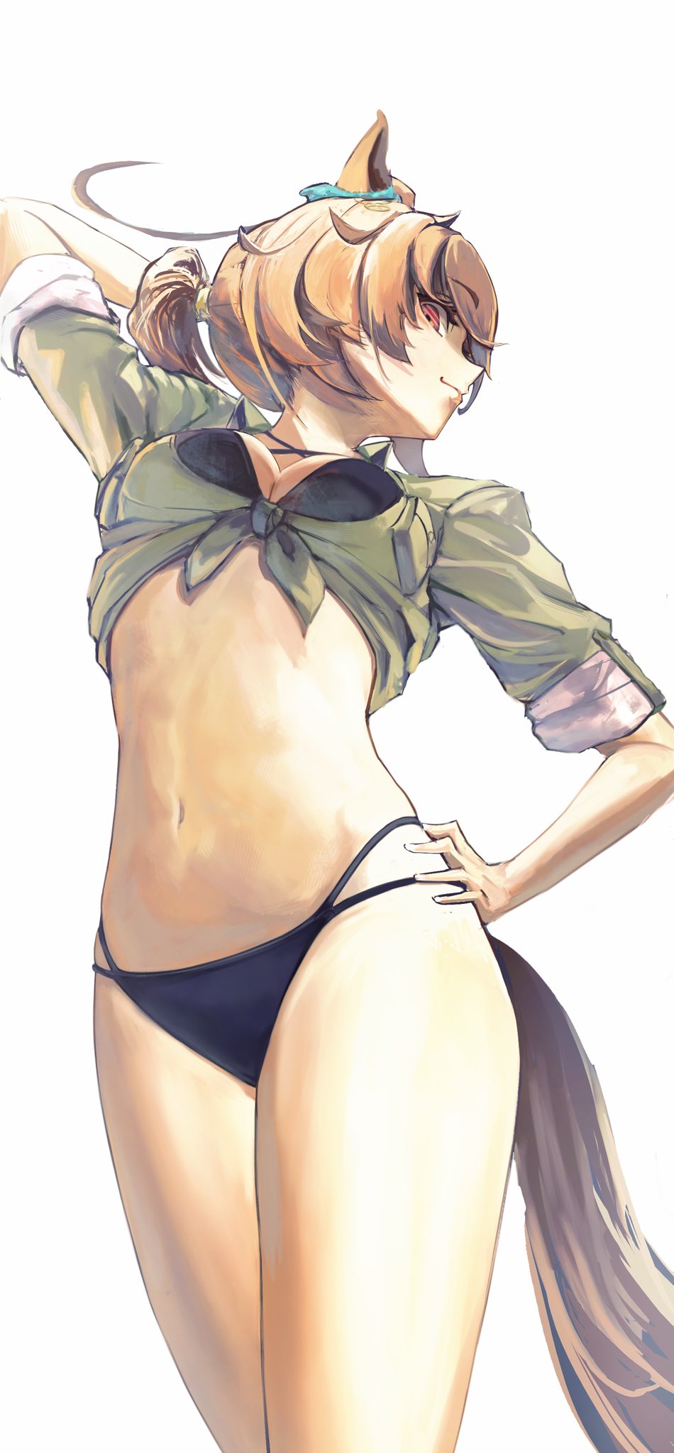 o ko ge2024, agnes tachyon (lunatic lab) (umamusume), agnes tachyon (umamusume), umamusume, highres, 1girl, ahoge, animal ears, bikini, black bikini, breasts, brown hair, closed mouth, criss-cross halter, green jacket, hair between eyes, halterneck, horse ears, horse girl, horse tail, jacket, medium breasts, medium hair, navel, official alternate costume, open clothes, ponytail, red eyes, simple background, solo, stomach, swimsuit, tail, tied jacket, white background