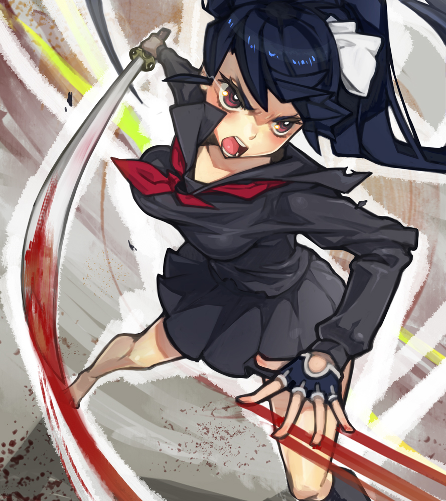 hitowa, 1girl, angry, blood, blue hair, breasts, female focus, fingerless gloves, gloves, katana, large breasts, long hair, red eyes, skirt, solo, sword, weapon