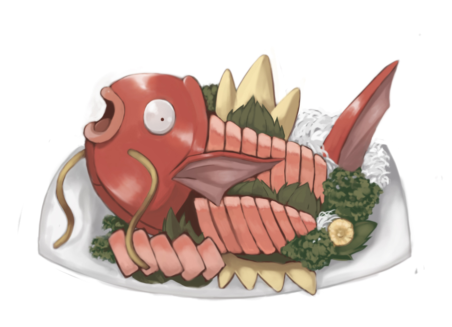 nekonekoyukai, magikarp, nintendo, pokemon, bad id, bad pixiv id, animal focus, bad food, creature as food, fish, fish (food), food, food focus, gen 1 pokemon, no humans, parody, pokefood, pokemon (creature), sashimi, simple background, solo, splashing, sushi, white background