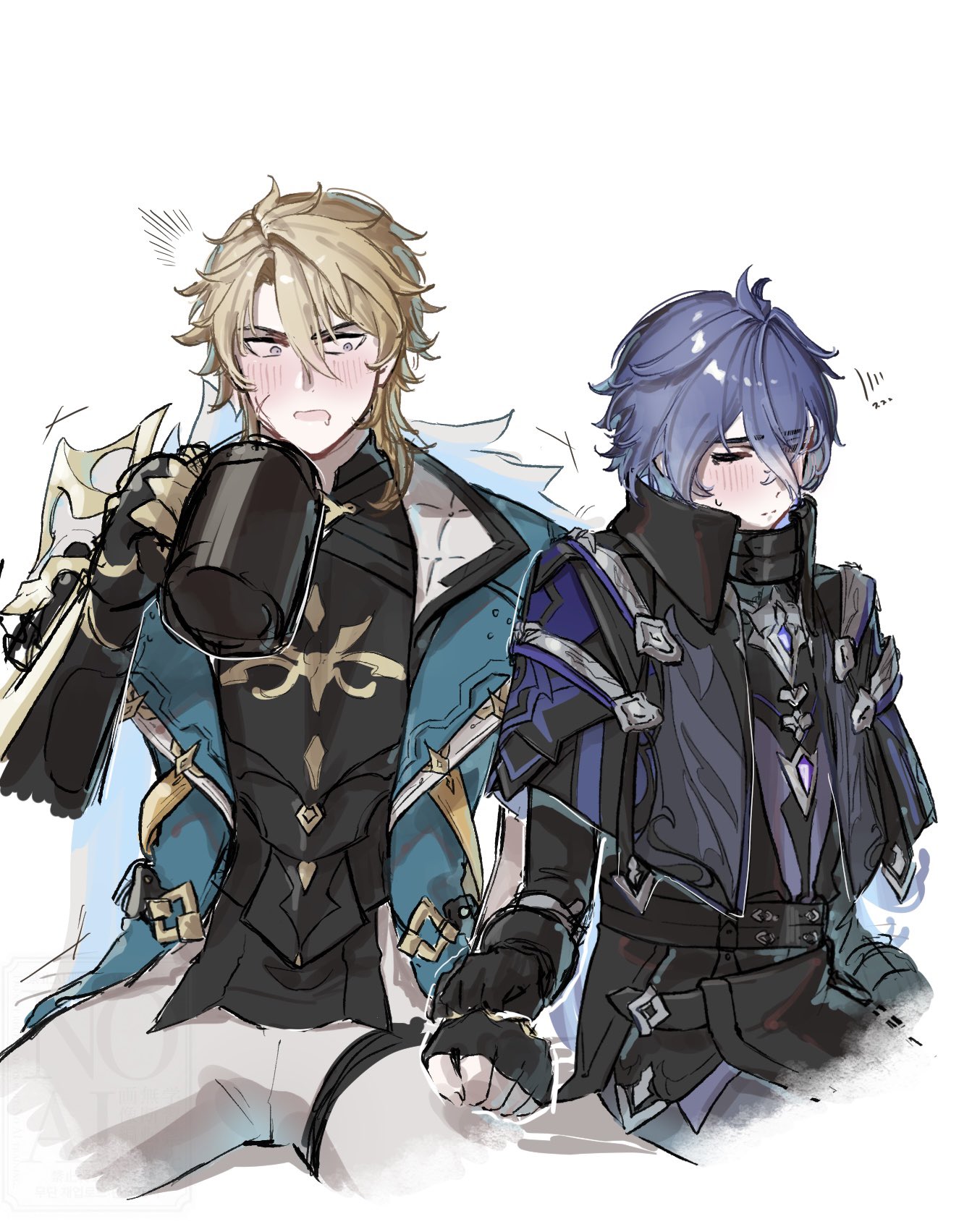 flins (genshin impact), varka (genshin impact), genshin impact, highres, 2boys, black gloves, blonde hair, blue eyes, blush, closed eyes, cup, gloves, holding, holding cup, jirainashi 0, long sleeves, male focus, multiple boys, open mouth, white background, yaoi