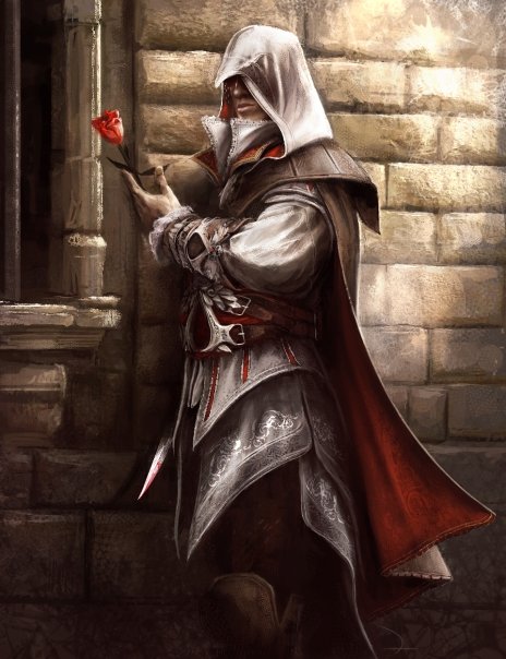 ezio auditore da firenze, assassin's creed, assassin's creed ii, belt, boots, cloak, concealed weapon, flower, hood, rose