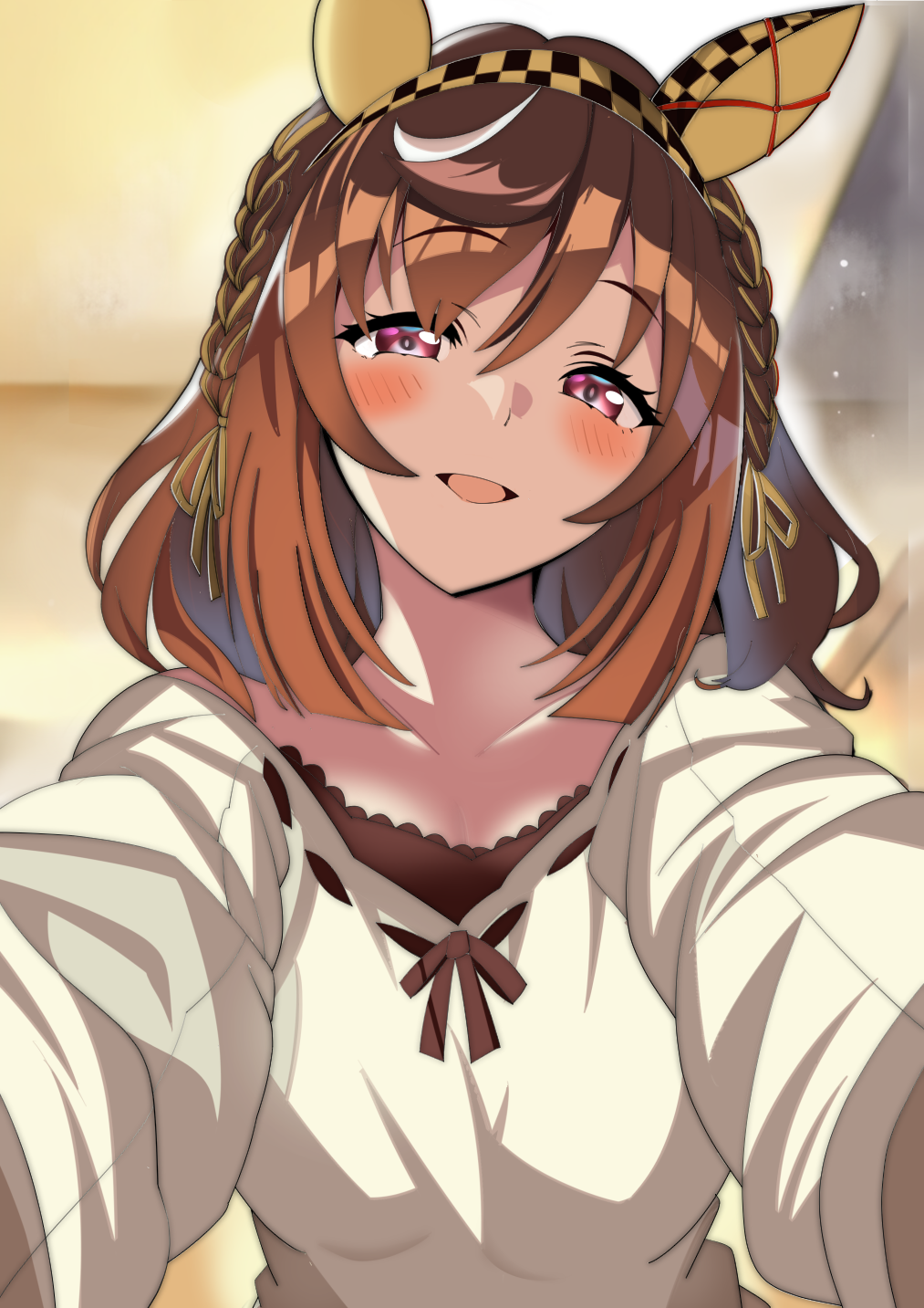 muku (yx388140p15), buena vista (casual) (umamusume), buena vista (umamusume), umamusume, highres, 1girl, animal ears, blush, braid, breasts, brown hair, casual, checkered hairband, collarbone, ear covers, hair between eyes, hairband, horse ears, horse girl, long hair, long sleeves, looking at viewer, open mouth, purple eyes, reaching, reaching towards viewer, smile, solo, sweater, white sweater, yellow hairband