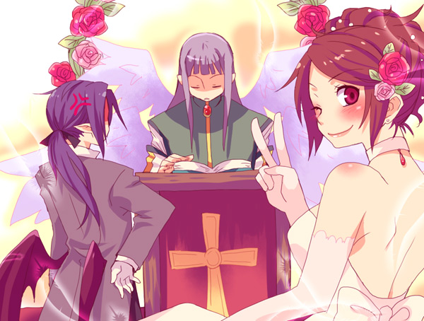 tsuyuka (sunny spot), laharl's mother, lamington (disgaea), mid-boss (disgaea), seraph lamington, disgaea, silver hair, 1girl, 2boys, angel wings, bat wings, bride, brown hair, dress, multiple boys, purple hair, tuxedo, v, wedding, wedding dress, wings