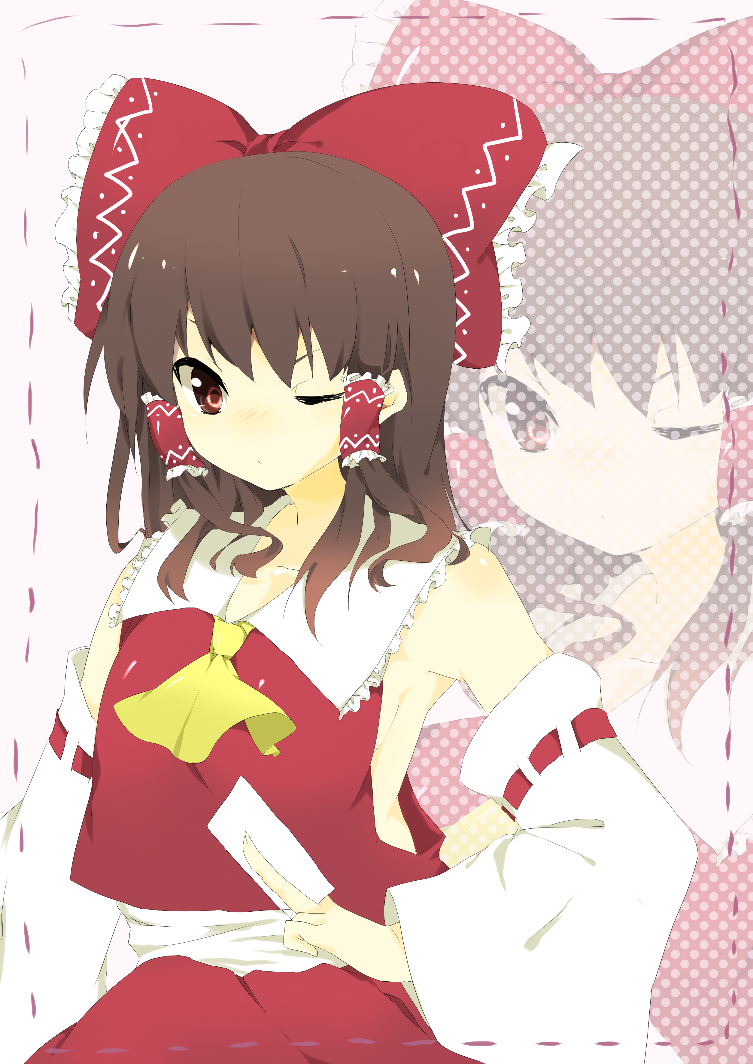 mizuse kotone, hakurei reimu, touhou, absurdres, highres, 1girl, blush, brown hair, detached sleeves, female focus, hair ribbon, japanese clothes, miko, red eyes, ribbon, skirt, solo, white background, wink, zoom layer