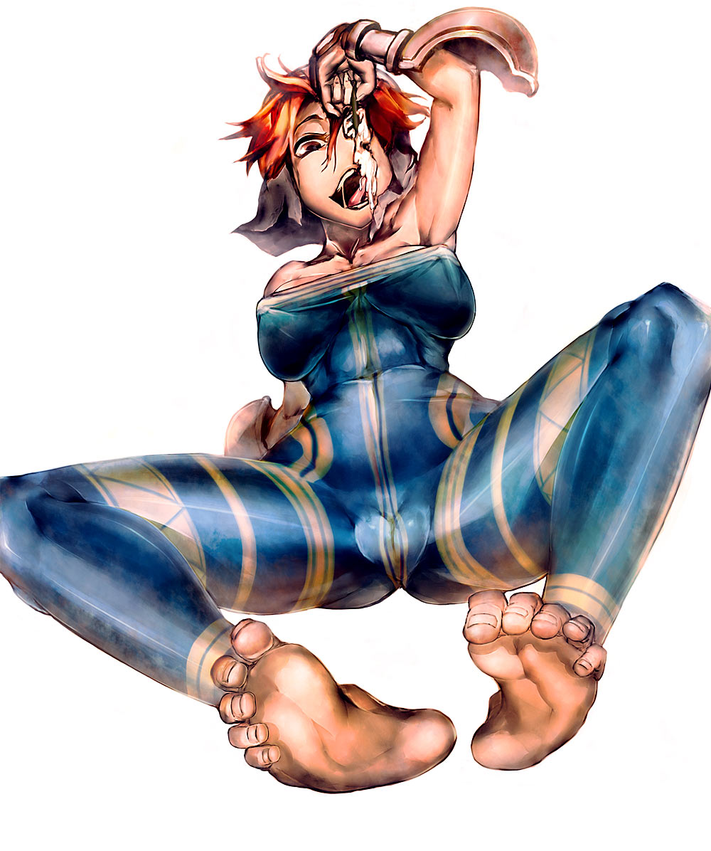 ahobaka, monk (fft), final fantasy, final fantasy tactics, 1girl, bare shoulders, barefoot, breasts, brown hair, cameltoe, covered erect nipples, cum, feet, female focus, gauntlets, large breasts, latex, monk, nipples, open mouth, short hair, simple background, skin tight, solo, toes, white background