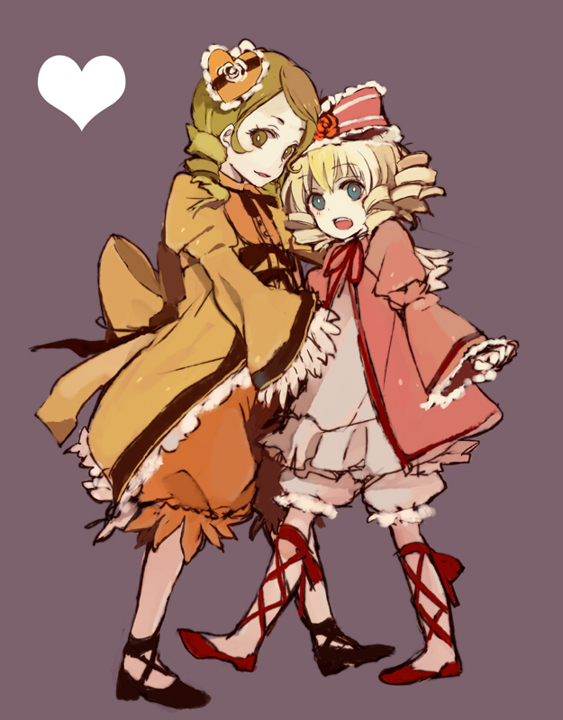 loo, hinaichigo, kanaria, rozen maiden, 00s, 2girls, blonde hair, bloomers, blue eyes, bow, drill hair, green eyes, green hair, hair bow, hair ornament, heart, multiple girls, pantyhose, pink bow, smile, underwear