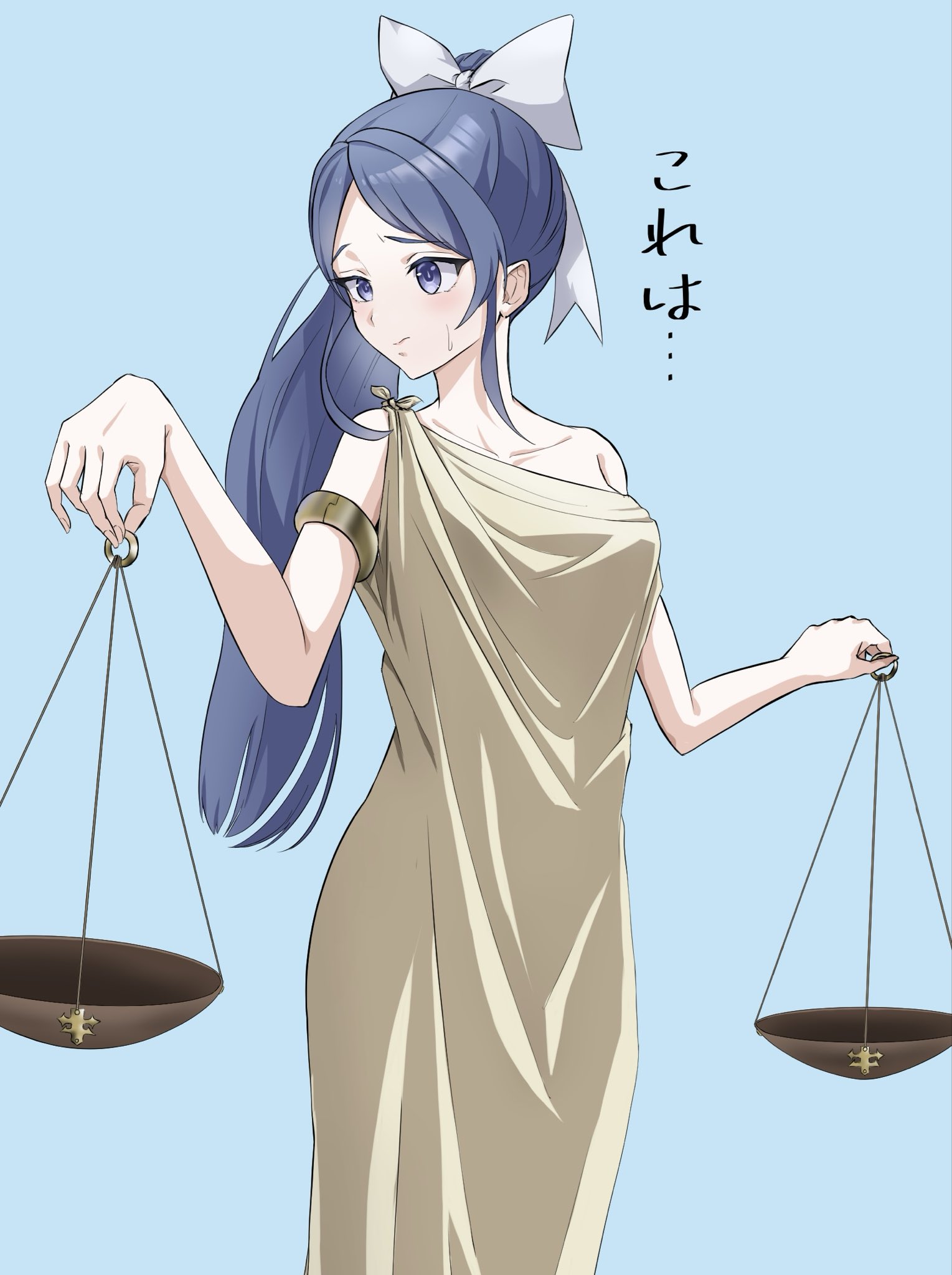 hiumi nanoka, shine post, highres, translation request, 1girl, armlet, blue background, blue eyes, blue hair, bow, brown dress, closed mouth, dress, hair bow, high ponytail, holding scale, jewelry, long hair, ponytail, solo, sweatdrop, t235711taiga, white bow