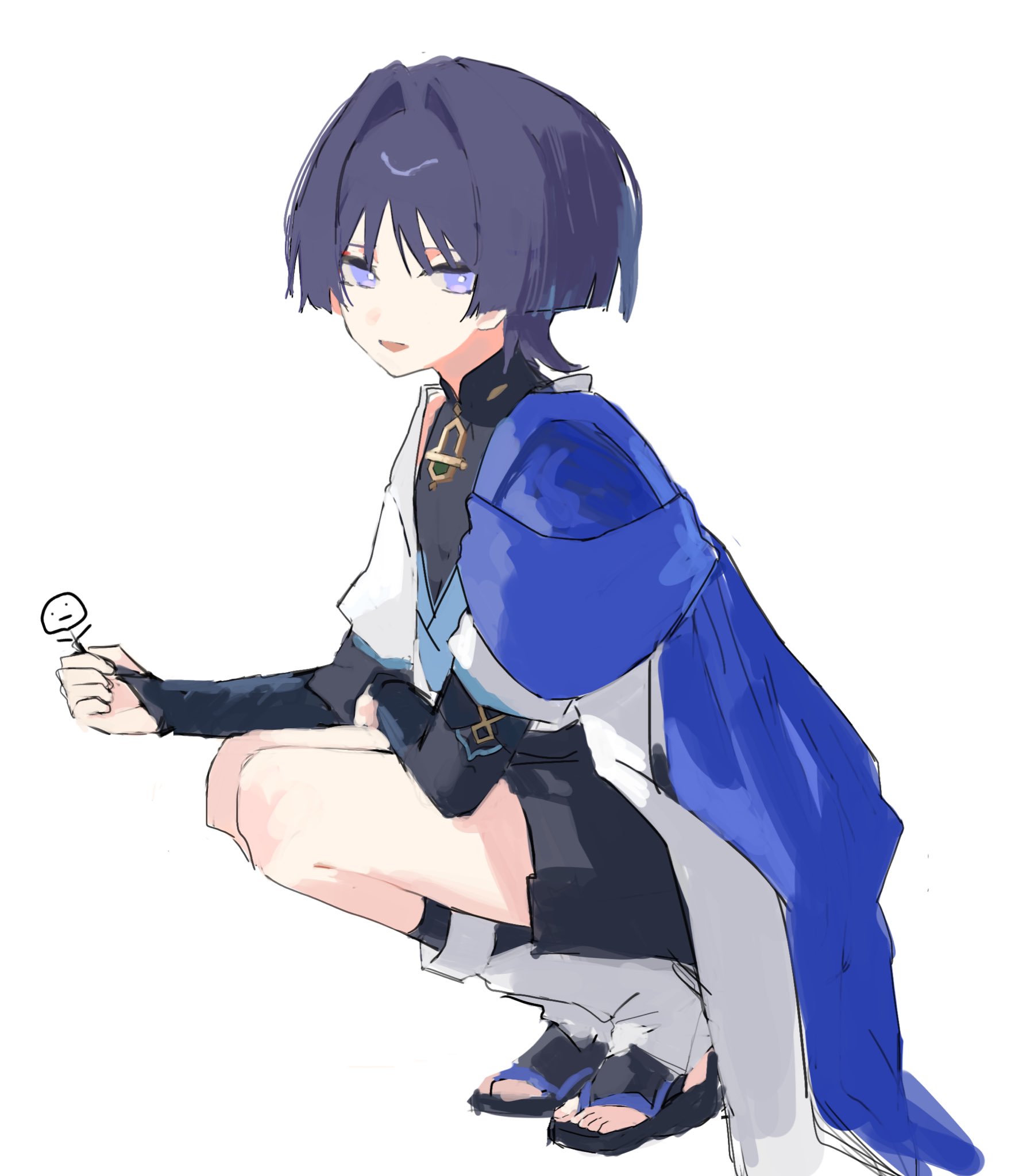 scaramouche (genshin impact), wanderer (genshin impact), genshin impact, highres, 1boy, 624 itumo, arm on thigh, armor, black bodysuit, black bridal gauntlets, black hair, black sandals, black shorts, blue kimono, blue sleeves, blunt ends, bodysuit, bridal gauntlets, bridal legwear, bright pupils, clenched hand, eyeliner, eyeshadow, full body, furisode, hair intakes, holding, japanese armor, japanese clothes, juban, kimono, kote, kurokote, layered sleeves, leg warmers, looking at viewer, makeup, male focus, mandarin collar, open clothes, open kimono, open mouth, purple eyes, red eyeliner, red eyeshadow, sandals, short sleeves, shorts, shoulder peek, sketch, solo, squatting, stirrup legwear, toeless legwear, toes, tsurime, white background, white kimono, white leg warmers, white pupils, white sleeves, wispy bangs, zouri