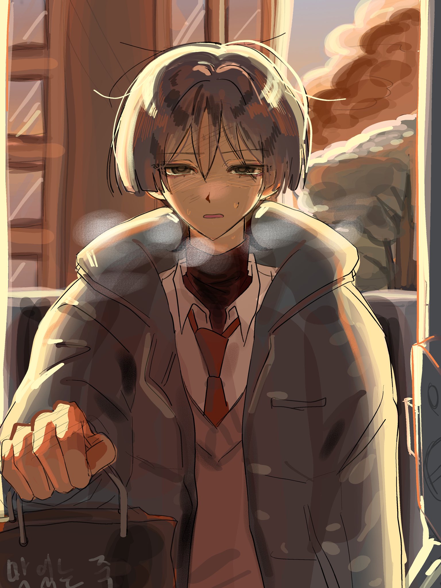 scaramouche (genshin impact), genshin impact, highres, translation request, 1boy, alternate costume, bag, black eyes, black shirt, blunt ends, breast pocket, casual one-piece swimsuit, clenched hand, coat, collared shirt, contemporary, eyelashes, grey coat, grey hair, grey sleeves, grey sweater vest, holding, holding bag, imagirl 0, incoming gift, korean text, light blush, long sleeves, looking at viewer, male focus, messy hair, necktie, one-piece swimsuit, open clothes, open coat, open mouth, pocket, pov, red necktie, shirt, solo, straight-on, sweat, sweater vest, swimsuit, tree, tsurime, turtleneck, turtleneck shirt, undershirt, white shirt, window, wing collar, wispy bangs