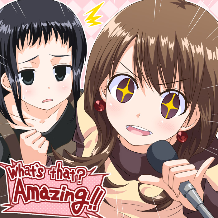 hyuuga takashi, fukuyo kouko, kokaji sukoya, saki (manga), + +, 00s, 2girls, ^^^, black hair, brown hair, english text, microphone, multiple girls, pinky out