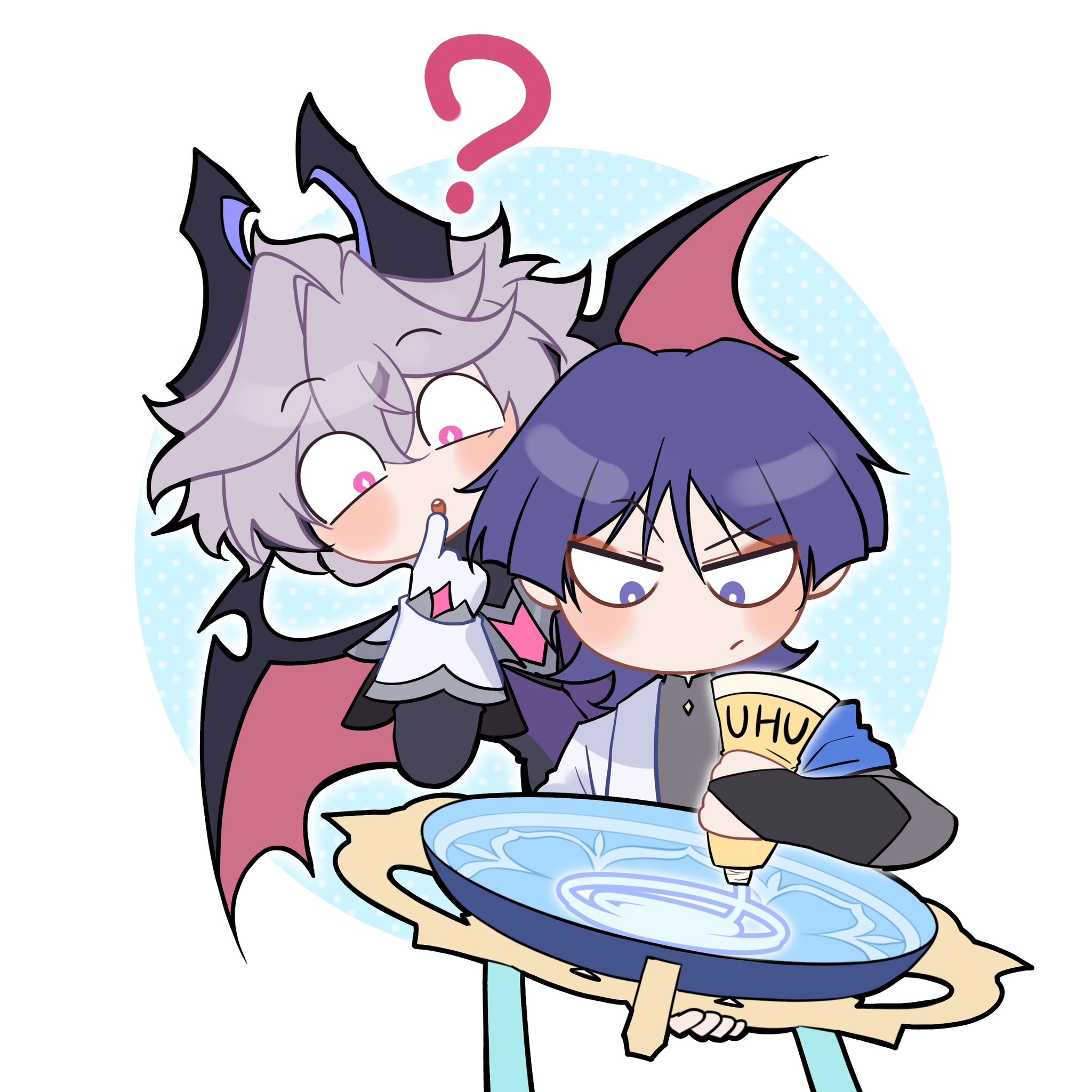 viviwi, durin (genshin impact), scaramouche (genshin impact), wanderer (genshin impact), genshin impact, highres, 2boys, ?, armor, behind another, black bodysuit, black cloak, black horns, black sleeves, blue cape, blue hat, blunt ends, blush, bodysuit, bridal gauntlets, bright pupils, cape, chest jewel, clenched hand, cloak, closed mouth, crossed bangs, diamond-shaped pupils, diamond (shape), dragon boy, dragon horns, dragon wings, eyeliner, eyeshadow, finger to mouth, gem, gloves, gold, grey bridal gauntlets, hair between eyes, hand up, hat, heart-shaped gem, holding, holding unworn clothes, holding unworn hat, horns, index finger raised, japanese armor, japanese clothes, jingasa, kimono, kote, kurokote, long sleeves, looking at another, looking at object, makeup, mandala, mandarin collar, multiple boys, open clothes, open kimono, open mouth, pink gem, purple eyes, purple hair, purple horns, purple vest, raised eyebrow, red eyeliner, red eyeshadow, red wings, symbol-shaped pupils, teeth, two-sided horns, unworn hat, unworn headwear, upper teeth only, vest, white gloves, white kimono, white pupils, white sleeves, wings, wispy bangs