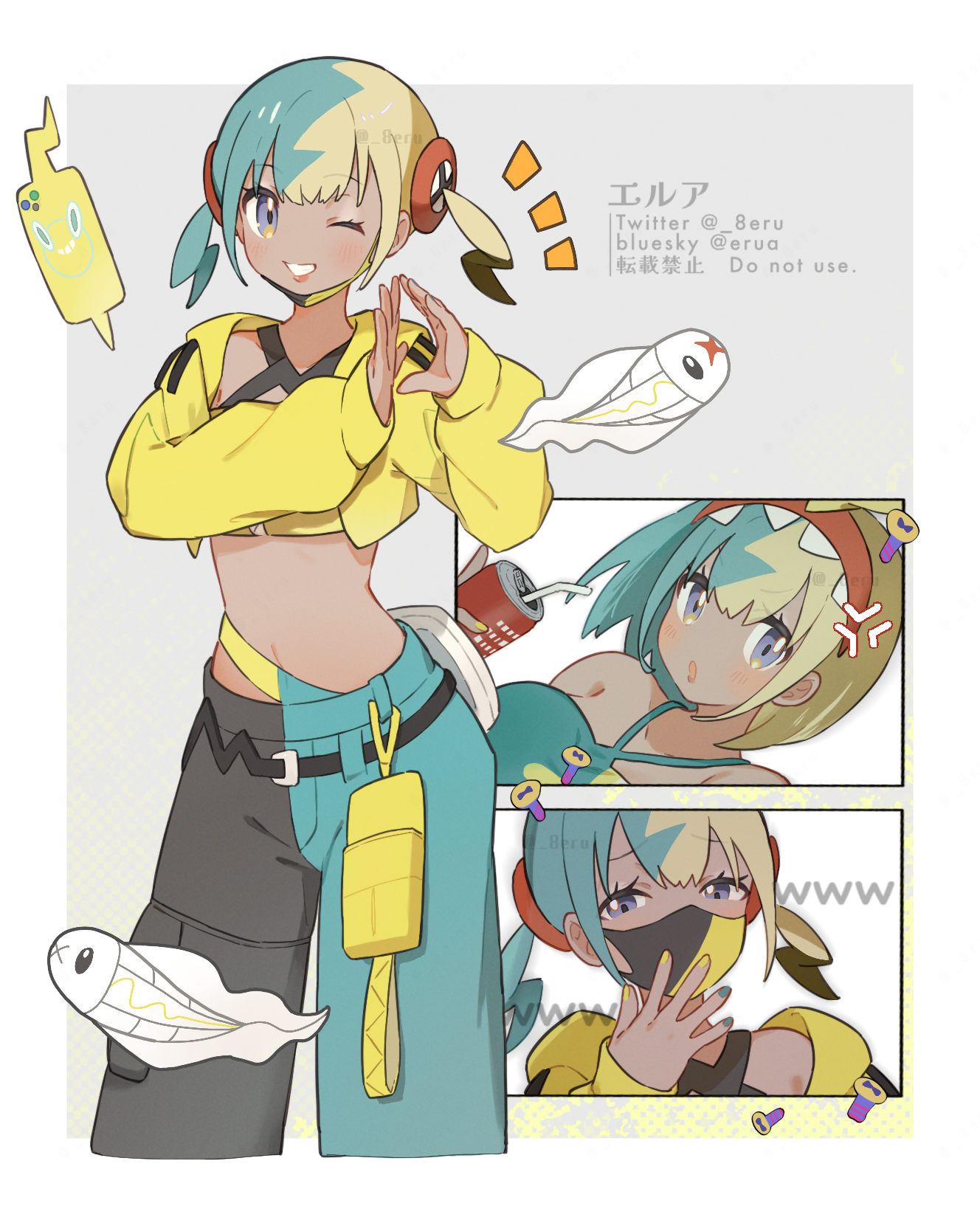 erua ( 8eru), canari (pokemon), rotom, rotom phone, tynamo, nintendo, pokemon, pokemon legends: z-a, highres, 1girl, anger vein, aqua hair, bandeau, bikini, black mask, blonde hair, blue bikini, blue eyes, blush, breasts, can, criss-cross straps, dark-skinned female, dark skin, drink can, drinking straw, gen 4 pokemon, gen 5 pokemon, jacket, long sleeves, looking at viewer, mask, mask pull, mouth mask, multicolored hair, navel, one eye closed, open mouth, pants, pokemon (creature), screw, short twintails, smile, split-color hair, sports bra, swimsuit, teeth, twintails, two-tone hair, two-tone mask, two-tone pants, yellow bandeau, yellow jacket, yellow mask, yellow sports bra