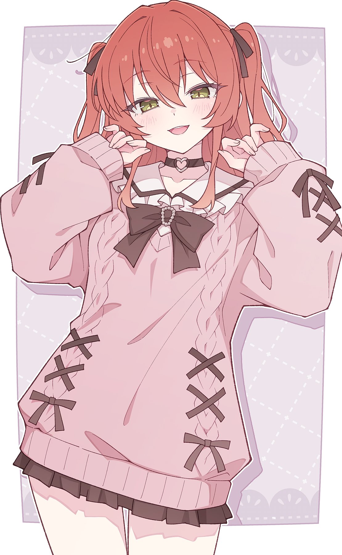 e20, kita ikuyo, bocchi the rock!, commentary, highres, 1girl, black bow, black bowtie, black choker, black skirt, blush, bow, bowtie, choker, green eyes, heart, heart choker, jirai kei, long hair, long sleeves, miniskirt, open mouth, pink sweater, pleated skirt, red hair, skirt, sleeves past wrists, solo, sweater, teeth, two side up, upper teeth only