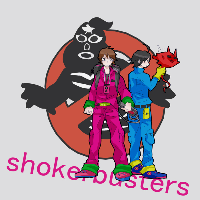 kadoya tsukasa, kamen rider decade, momotaros, ghostbusters, kamen rider, kamen rider dcd, uniform, 2boys, antimatter weapon, belt, black hair, bodysuit, brown hair, buckle, directed-energy weapon, energy gun, energy weapon, long sleeves, male focus, multiple boys, parody, particle-beam weapon, particle thrower, proton pack, simple background, standing, weapon, white background