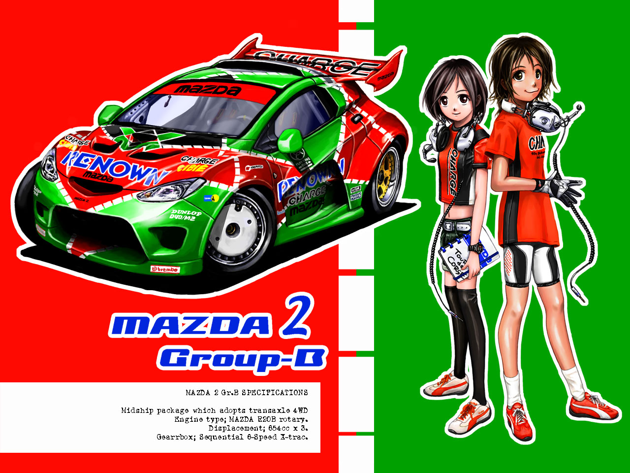 mazda, original, 2girls, car, earphones, gloves, mazda 2, mazda demio, motor vehicle, multiple girls, racing, vehicle focus