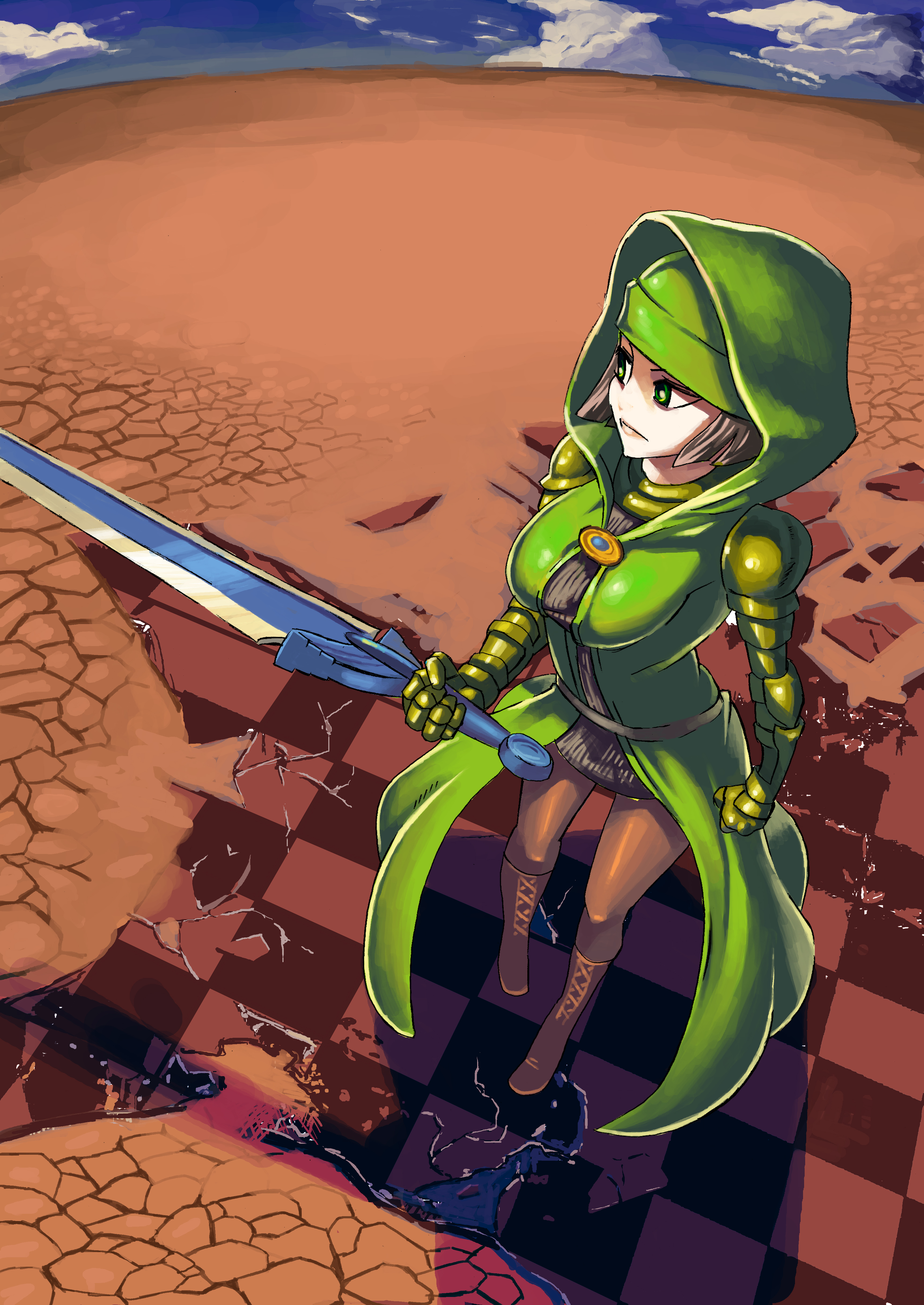 spider peach, meliadoul tengille, final fantasy, final fantasy tactics, absurdres, highres, 1girl, armor, boots, breasts, brown hair, female focus, full body, gauntlets, green eyes, hood, outdoors, pantyhose, robe, short hair, sky, solo, sword, weapon