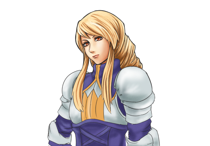 kouzilow, agrias oaks, final fantasy, final fantasy tactics, 1girl, armor, blonde hair, braid, braided ponytail, female focus, knight, long hair, orange eyes, pauldrons, shoulder armor, simple background, single braid, solo, white background