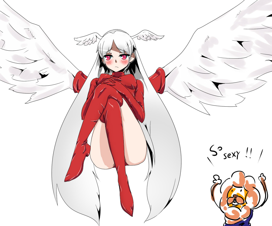 ikkomadestroyer, iwamasama, ultima (fft), final fantasy, final fantasy tactics, silver hair, bad id, bad pixiv id, 1girl, angel wings, blush, boots, crossed legs, female focus, full body, head wings, long hair, red eyes, sitting, solo, thigh boots, thighhighs, very long hair, white background, wings