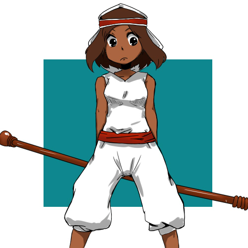 ikkomadestroyer, rapha galthena, final fantasy, final fantasy tactics, lowres, 1girl, bare shoulders, black eyes, brown hair, dark-skinned female, dark skin, female focus, headband, hood, sash, short hair, solo, staff