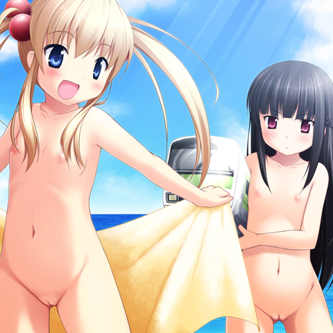 inuarashi, amatsuka rikka, amatsuka urara, baby princess, lowres, 10s, 2girls, beach, black hair, blonde hair, blue eyes, blush, carrying, cleft of venus, cloud, completely nude, day, flat chest, gluteal fold, hair bobbles, hair ornament, light rays, loli, long hair, multiple girls, navel, nipples, nude, nudist, ocean, open towel, outdoors, outstretched arms, purple eyes, pussy, sky, spread arms, sunbeam, sunlight, towel, train, twintails, uncensored, water
