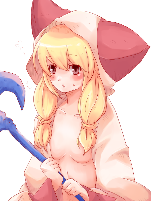 yamadarairai, white mage (fft), white mage (final fantasy), final fantasy, final fantasy tactics, white mage, 1girl, blonde hair, blush, breasts, censored, convenient censoring, female focus, flat chest, grey eyes, long hair, robe, simple background, solo, staff, white background