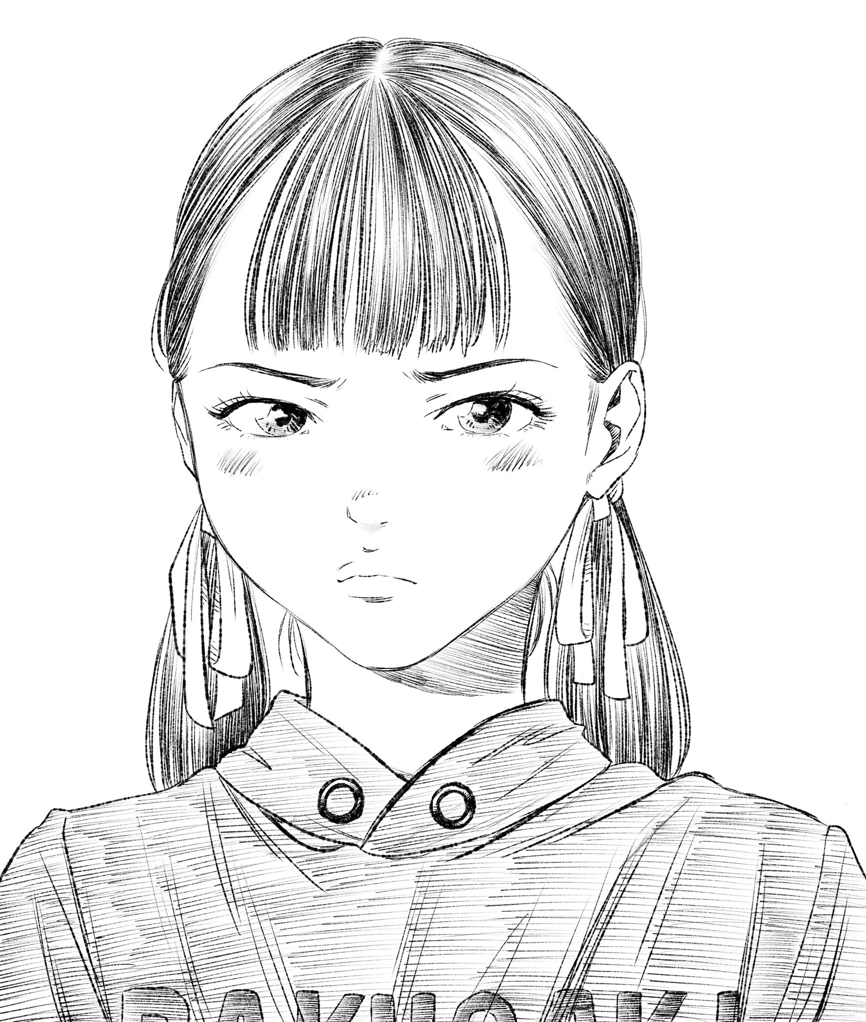 lee (dragon garou), original, commentary, highres, 1girl, eyelashes, frown, greyscale, hair ribbon, hatching (texture), hood, hoodie, light blush, low twintails, monochrome, portrait, ribbon, solo, twintails