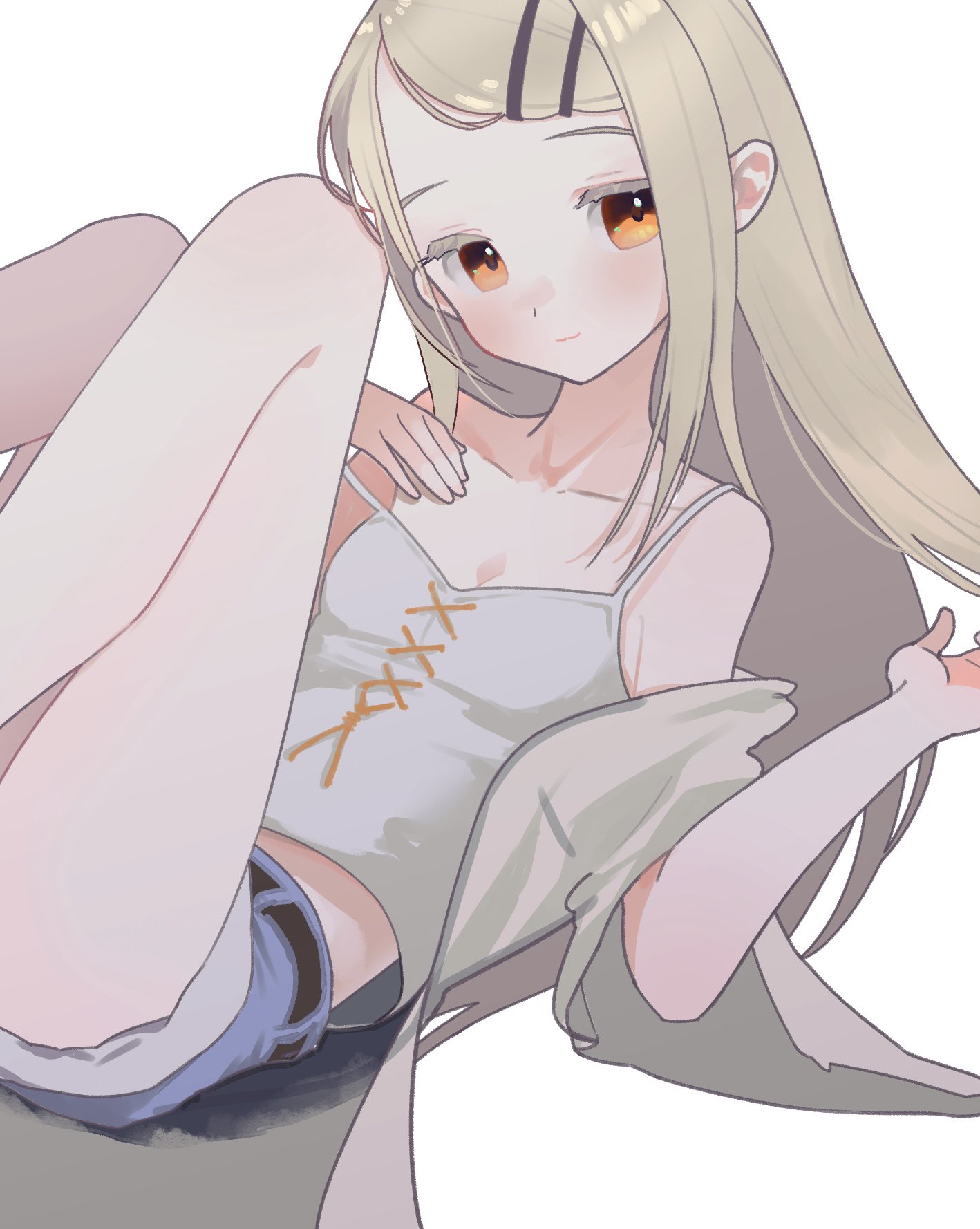 lily-an, shinosawa hiro, gakuen idolmaster, idolmaster, hashtag-only commentary, highres, 1girl, belt, blonde hair, blue shorts, breasts, camisole, cleavage, closed mouth, collarbone, colored eyelashes, denim, denim shorts, feet out of frame, grey robe, hair ornament, hairclip, knees to chest, knees up, legs folded, long hair, looking at viewer, lying, midriff, off shoulder, on back, open clothes, open robe, orange eyes, orange ribbon, parallel hairclips, ribbon, robe, shorts, simple background, small breasts, smile, solo, strap slip, swept bangs, white background, white camisole