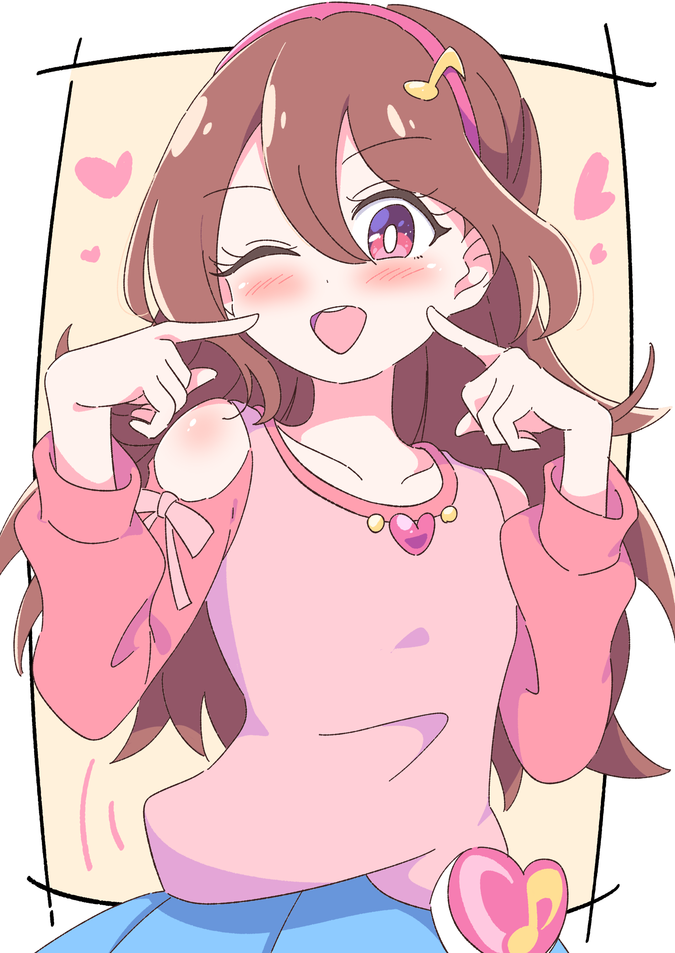 yuki nagisaa, sakura uta (precure), kimi to idol precure, precure, absurdres, commentary, highres, 1girl, ;d, bare shoulders, blue skirt, blush, border, bright pupils, brown hair, clothing cutout, collarbone, double-parted bangs, eighth note, fingers to cheeks, fortissimo, hair between eyes, hair ornament, hairband, hands up, heart, heart brooch holder, idol heart brooch (precure), index finger raised, long hair, long sleeves, looking at viewer, musical note, musical note hair ornament, one eye closed, open mouth, outside border, pink eyes, pink hairband, pink shirt, pleated skirt, pointing, pointing at self, shirt, shoulder cutout, skirt, smile, solo, teeth, upper body, upper teeth only, white border, white pupils, yellow background