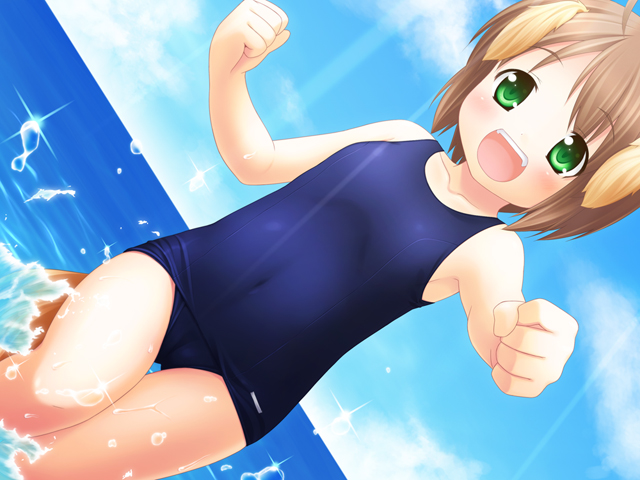 inuarashi, meiko (inuarashi), original, 1girl, animal ears, beach, blush, brown hair, child, dog ears, fangs, female focus, green eyes, happy, ocean, one-piece swimsuit, outdoors, school swimsuit, short hair, sky, solo, swimsuit, tail