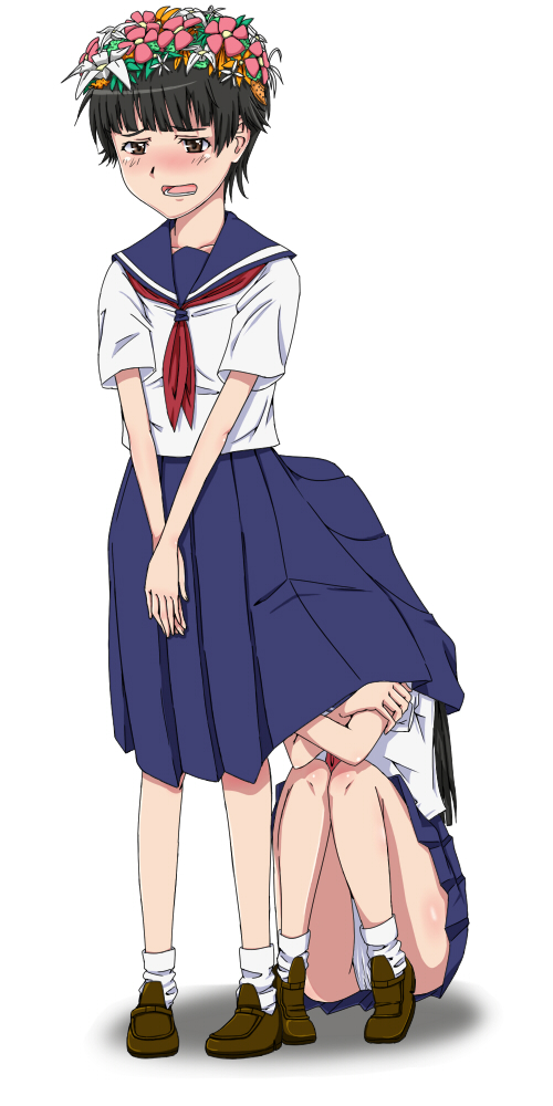 yoshida keiji, saten ruiko, uiharu kazari, toaru kagaku no railgun, toaru majutsu no index, 00s, 2girls, blush, embarrassed, head wreath, multiple girls, panties, school uniform, serafuku, skirt, squatting, under skirt, underwear, white panties
