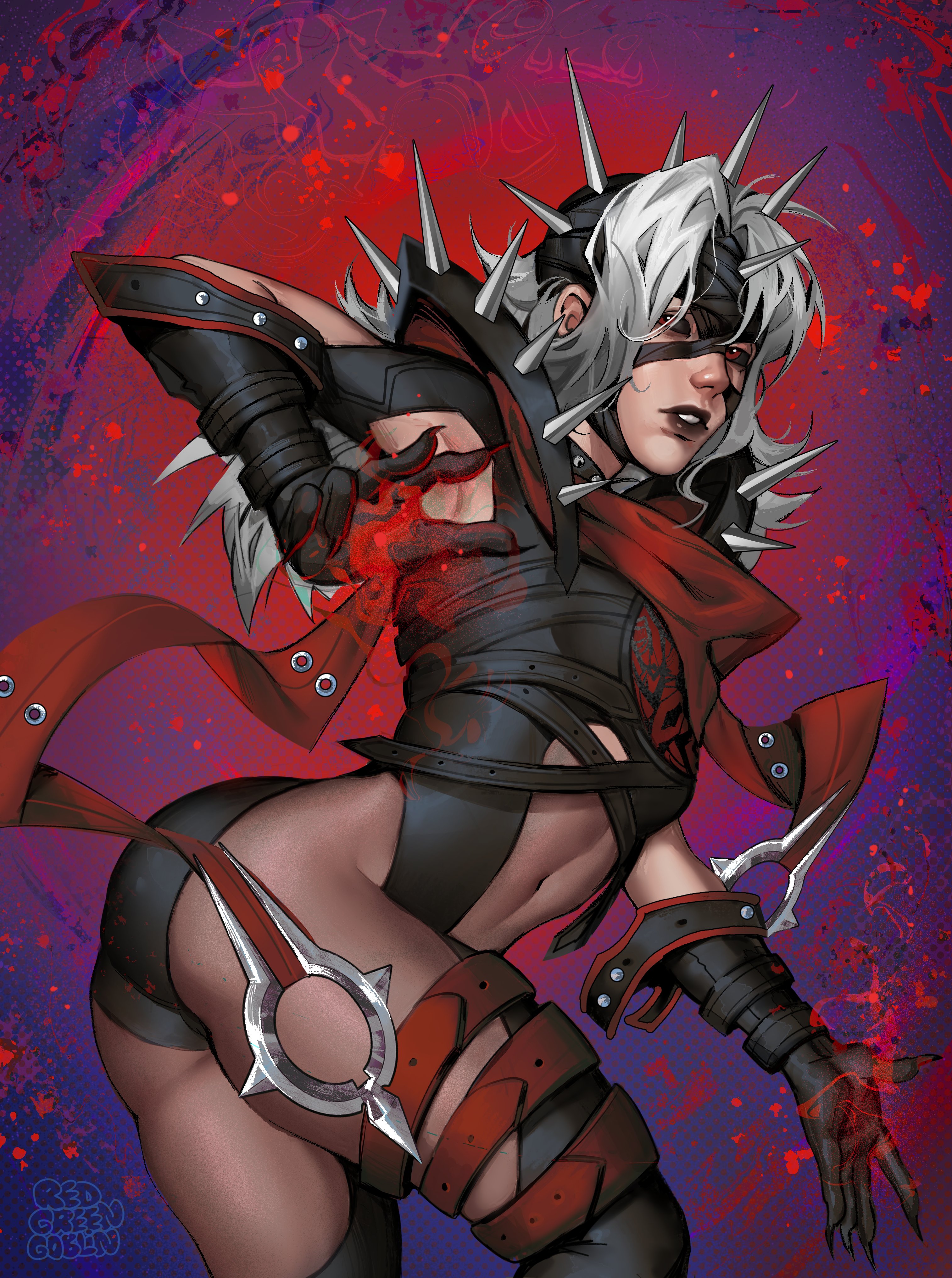 redgreengoblin, malice (sue storm), sue storm, fantastic four, marvel, marvel rivals, black bodystocking, absurdres, commentary, hashtag-only commentary, highres, symbol-only commentary, 1girl, armor, artist name, ass, black armor, black gloves, black leotard, black lips, black sclera, blue background, clothing cutout, colored sclera, cowboy shot, dark persona, gloves, leotard, long hair, looking back, looking to the side, midriff, navel, official alternate costume, parted lips, pauldrons, red background, red eyes, red scarf, scarf, shoulder armor, solo, spiked pauldrons, spikes, stomach cutout, thigh strap, white hair