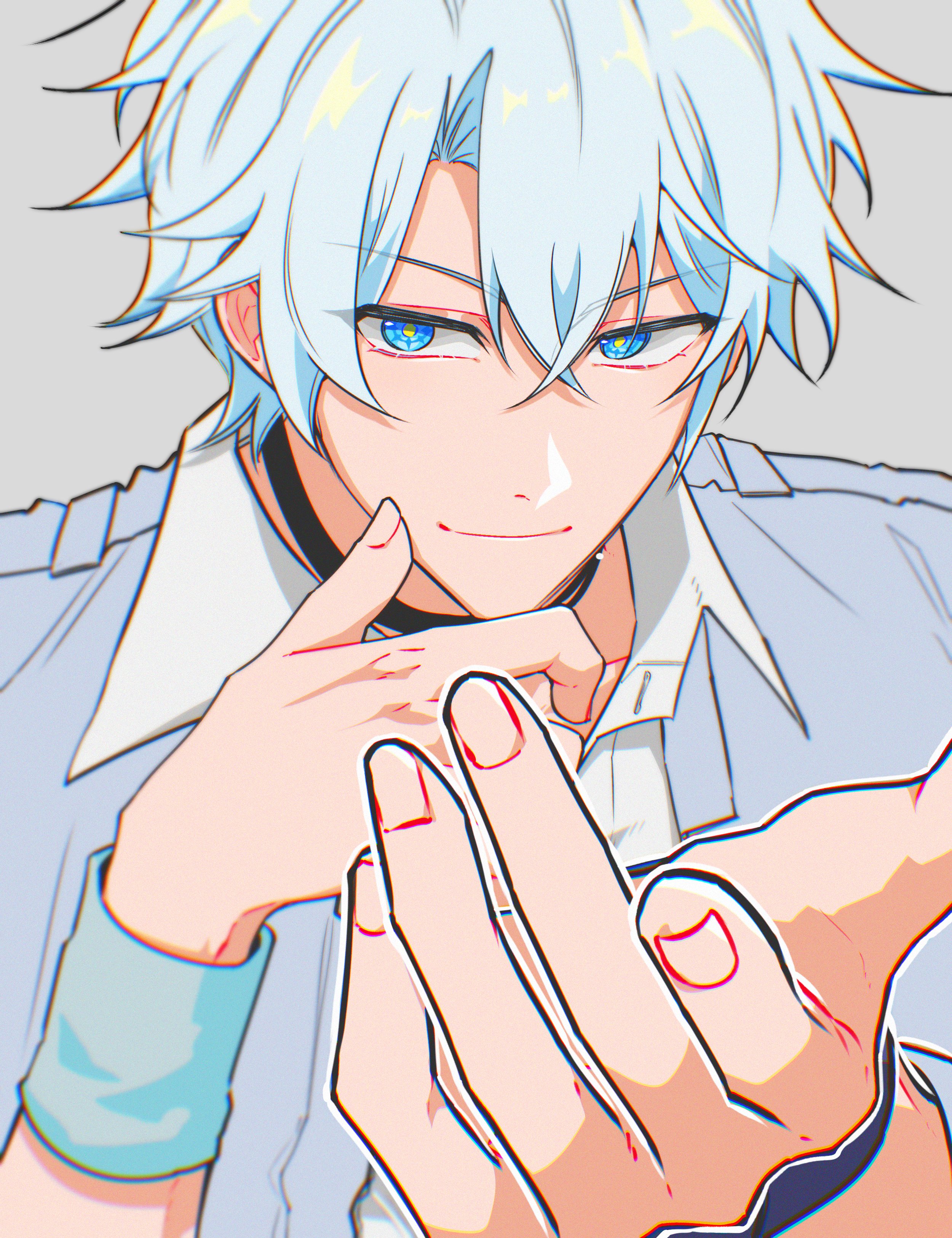 phainon (honkai: star rail), honkai: star rail, honkai (series), absurdres, commentary, highres, 1boy, black choker, blue eyes, blue jacket, choker, collared shirt, gyosutlqkf, jacket, male focus, open clothes, open jacket, parted bangs, shirt, short hair, solo, white hair, white shirt