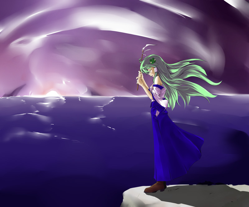 byoin, kochiya sanae, touhou, 1girl, cloud, detached sleeves, female focus, full body, green hair, long hair, ocean, outdoors, shoes, sky, solo, standing, water
